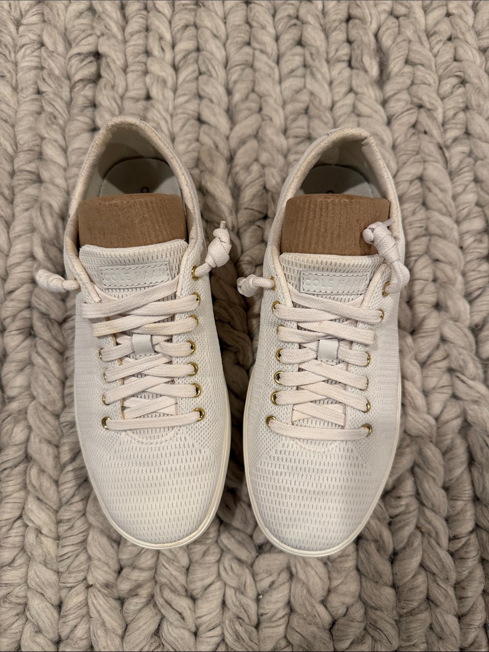 Cole Haan Cream Knit Sneakers with Tan Tongue and Gold Eyelets